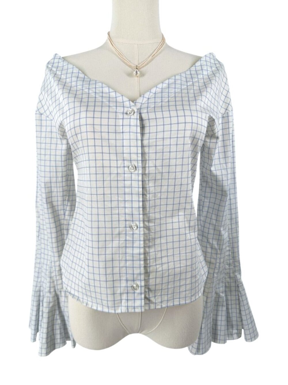 Jacquemus La Reconstruction Off The Shoulder Check Cotton Poplin Blouse FR 34